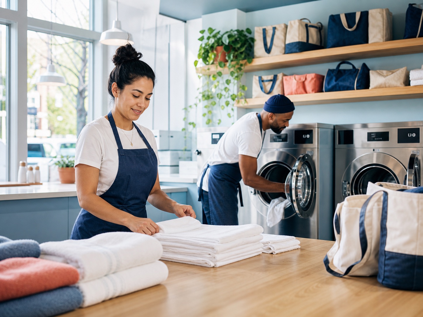 A laundry storefront team preparing customer orders